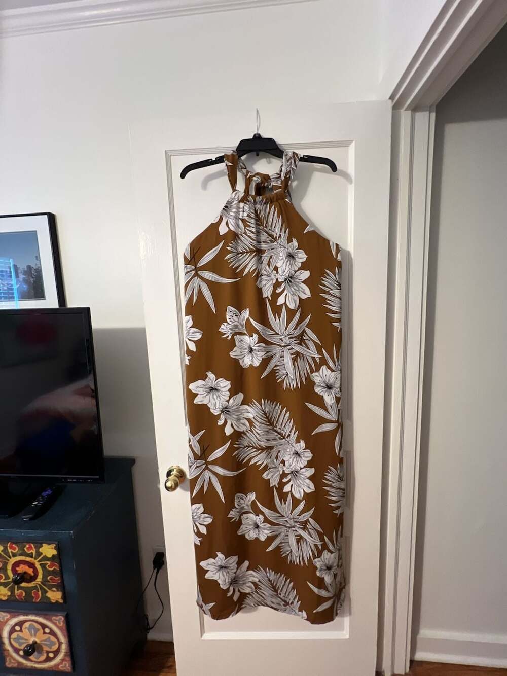 Jade Tropical Floral Halter Midi Dress in Brown